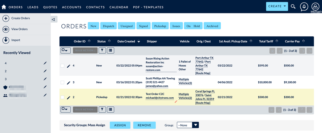 orders transport mgmt