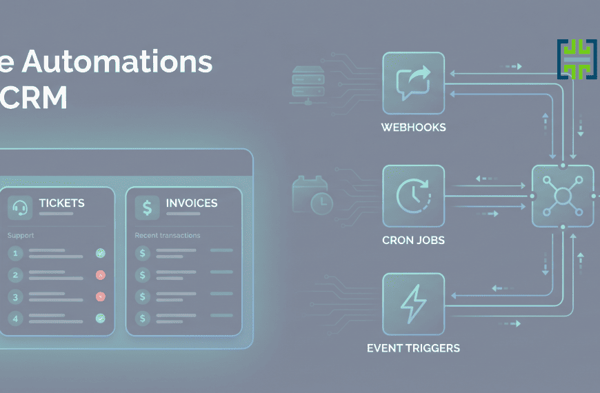 Illustration of an automation engine connecting webhooks, CRON jobs, event triggers, and job queues inside a Perfex CRM dashboard.
